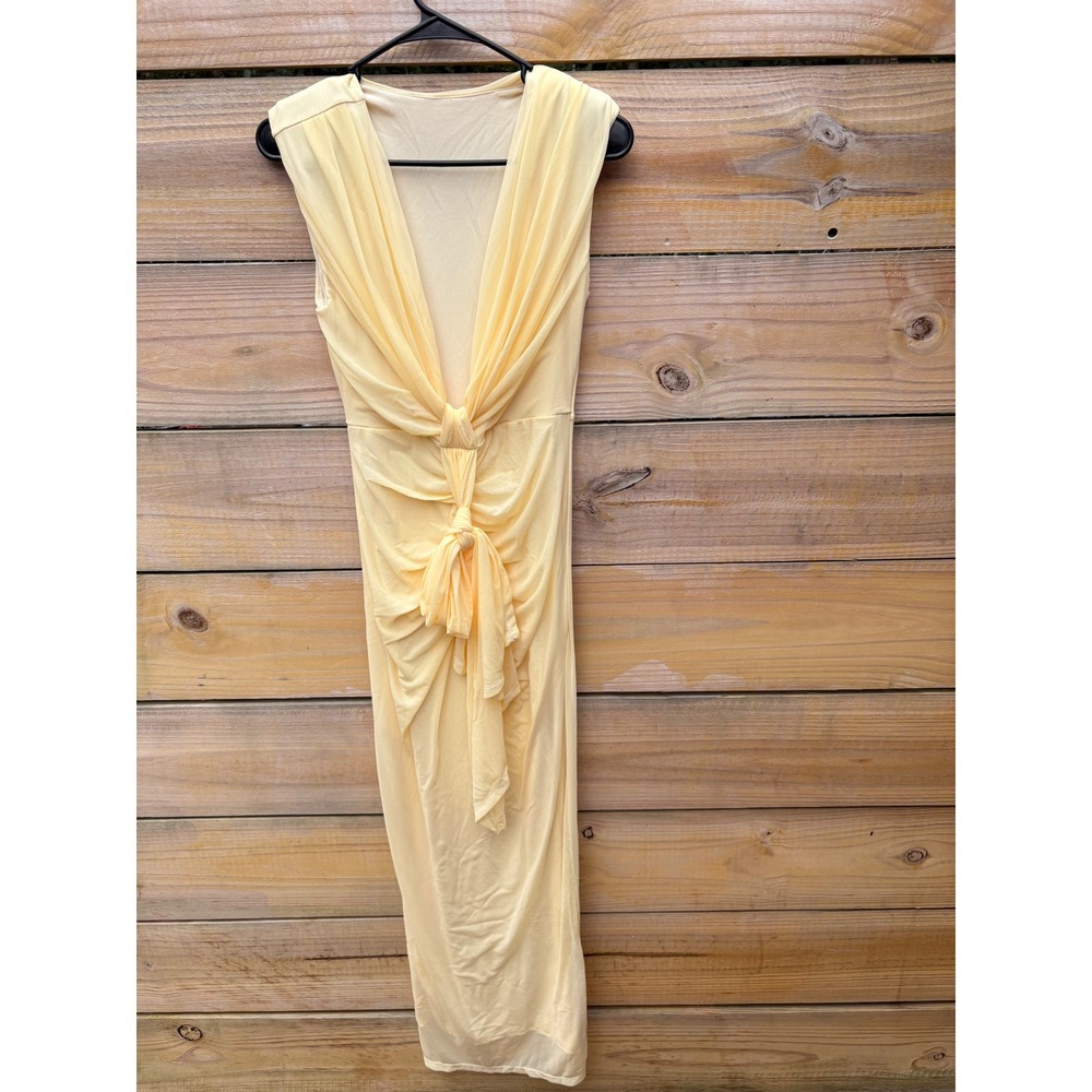 SHEIN Butter Yellow Ruched Knot Front V-Neck Midi Dress Padded Shoulder Size M